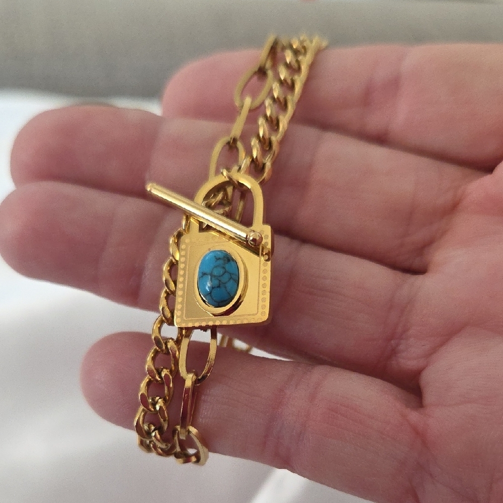 Stainless Steel GoldTone Chain Bracelet Turquoise Charm